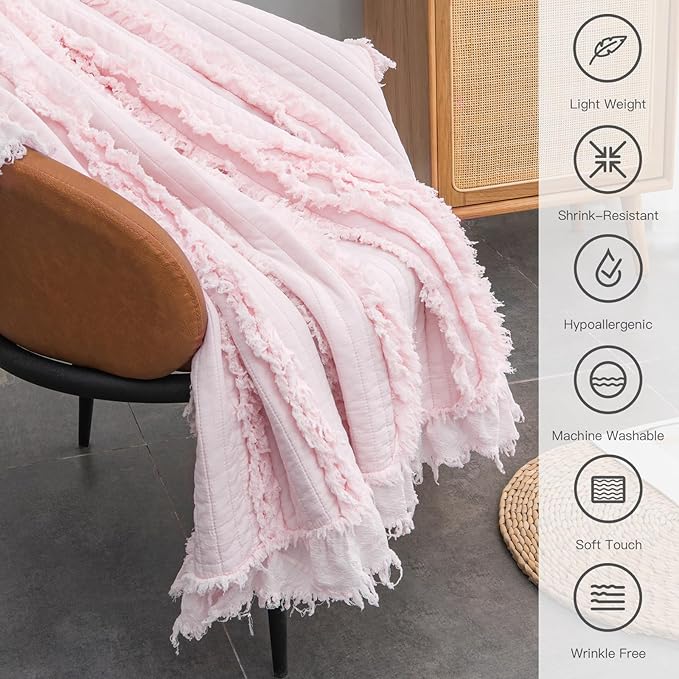 Ultra Soft Pre-Washed Quilted Boho Pink King Size Blankets for Bed, Ruffle Fringed Decorative Throw, Stone Washed Chic Rustic Blanket for Sofa Couch Bed, 104"*90"