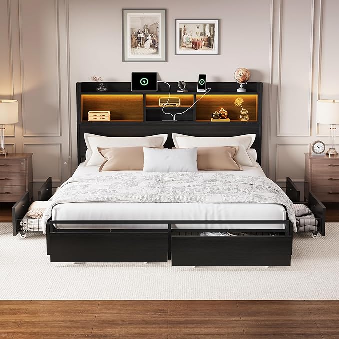 LARMACE King Size Bed Frame with 6 Storage Drawers and Headboard Wooden Platform Bed Frame with LED Lights and Charging Station Easy Assembly/No Box Spring Needed/Black