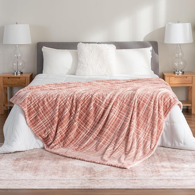 Berkshire Blanket-Classic Heavyweight Warm Soft Printed VelvetLoft® Plush Blanket, King Size Soft Fuzzy Blanket for Couch Sofa Bed, Watercolor Plaid Blush, 90in x 108in
