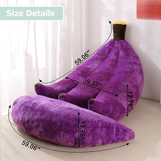 Banana Bean Bag Chair with Ottoman, Floor Sofa Bed with Footrest, Comfy Convertible Lounger for Adults, Plush Couch for Bedroom, Living Room or Dorm, L-Violet
