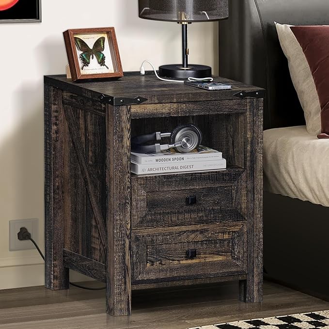 Joaxswe Nightstands Set of 2 with Charging Station, Farmhouse Night Stand with 2 Drawers and Shelf Storage, Wooden Side End Table, Bedside Cabinet for Bedroom, Living Room, Closet,Office (Dark Drey)