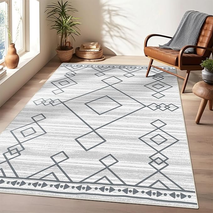 5x7 Area Rugs - Ultra-Thin Washable Rug with Non-Slip Backing, Ideal for Living Room, Bedroom, Kitchen Floor Carpet - Western Style, Easy Clean, Durable, Checkered