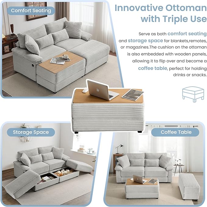 SUNWAVE 74" Double Chaise Lounge Chair Indoor, Oversized Loveseat with Removeable Ottoman, Corduroy Couch with USB Charging, Storage Ottoman, and Coffee Table Cushions for Living Room (2 Chaise Gray)