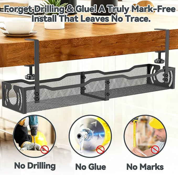 Cable Management, 25.3'' Under Desk Cable Management Tray No Drill, Metal Cable Organizer with Clamp for Wire Management, Cord Organizer for Home Office, Desk Accessories Organizer, Black