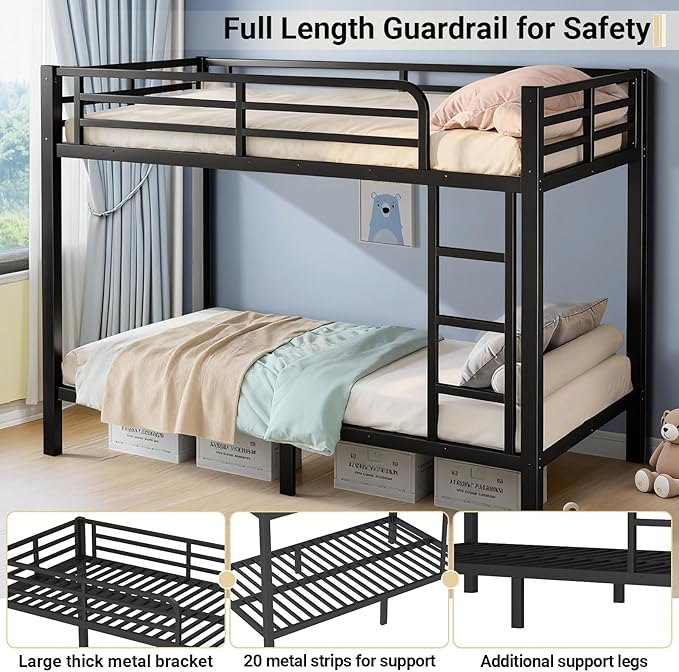 Twin Over Twin Bunk Bed Frame, Heavy Duty Metal Loft Bed for Adults/Teens, 250/400LB Capacity w/Ladder & Guardrail, Noise-Free Steel Slats, No Box Spring Required, Black