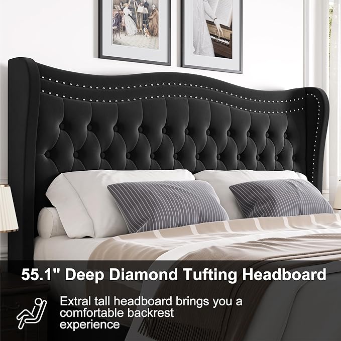 Upholstered King Size Bed Frame with Tall Headboard, Velvet Wingback Platform Bed Frame with Deep Button Tufted, No Box Spring Needed, Noise Free, Black