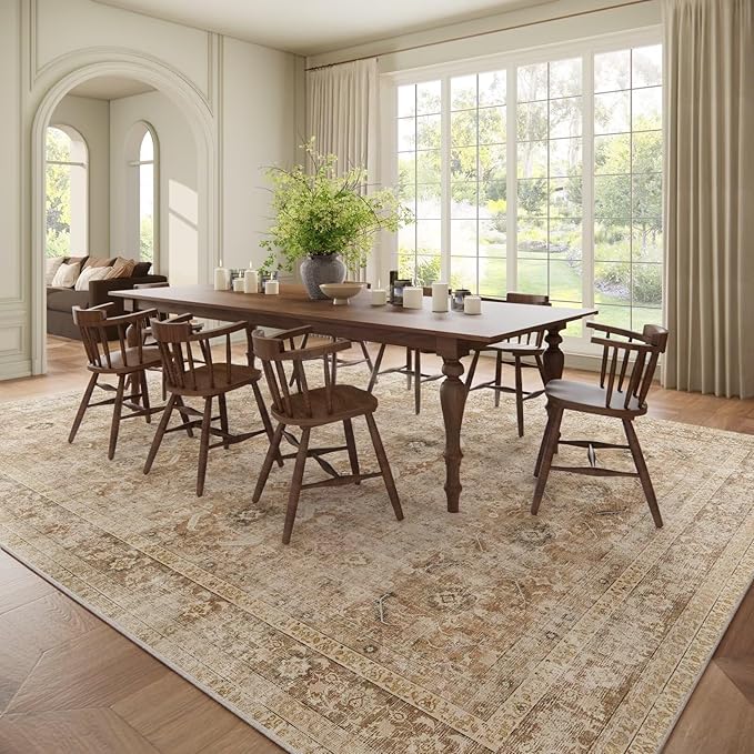 Washable 10x14 Area Rugs for Living Room, Boho Non-Slip Vintage Distress Large Rugs for Bedroom Dining Room Office, 0.3" Neutral Oriental Throw Thin Carpet, Brown/White/Multi