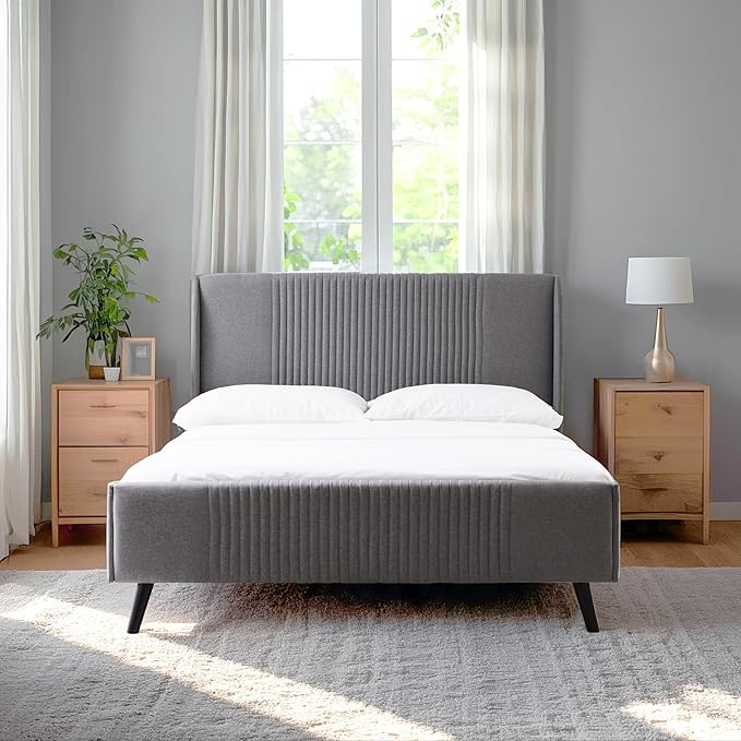 Livinia Sunset Full Size Wingback Platform Bed, Fabric Upholstered Full Bed Frame with Vertical Channel Tufted Headboard Footboard, Strong Wood Slats, No Box Spring Needed, Gray