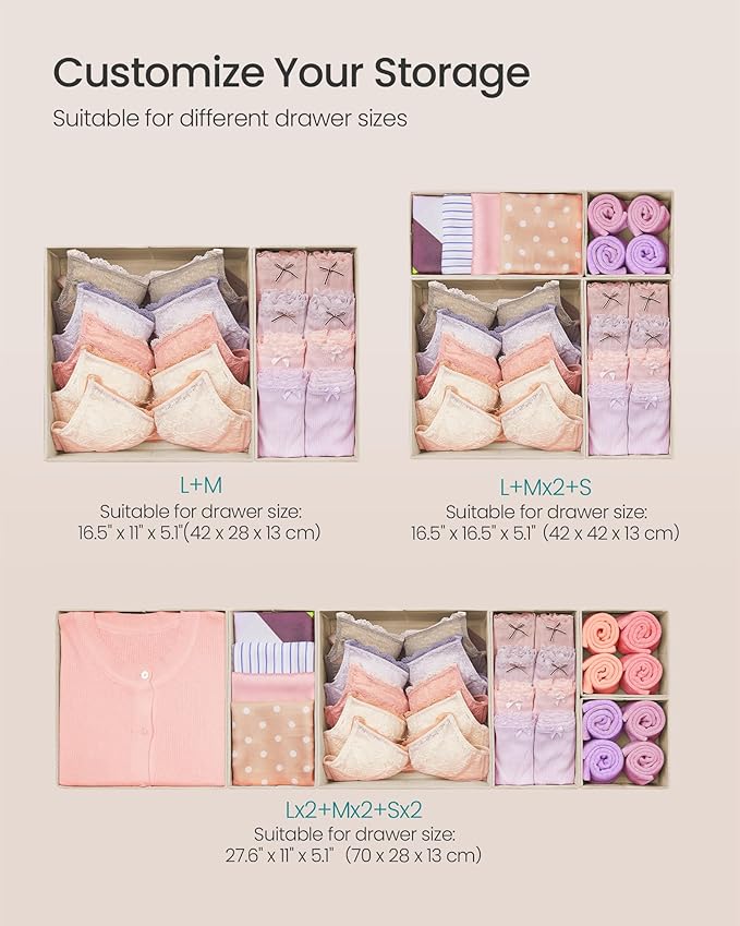 SONGMICS Drawer Organizers, Dresser Divider Organizers, Set of 12, Foldable Fabric Storage Boxes for Socks, Underwear, Bras, Ties, Scarves, Summer Sand URDZ006Y02