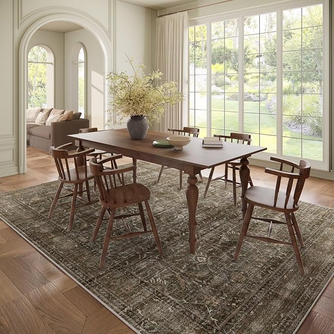 Washable 8x10 Area Rugs for Living Room, Boho Non-Slip Vintage Distress Large Rugs for Bedroom Dining Room Nursery Office, 0.3" Neutral Oriental Throw Thin Carpet, Rust/Multi