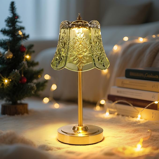 Small Table Lamp with 5200mAh Battery & Touch Control - 3 Adjustable Color Temperatures, Dimmable Rechargeable Table Lamps for Living Room, Bedroom, Bedside (Green Rose)