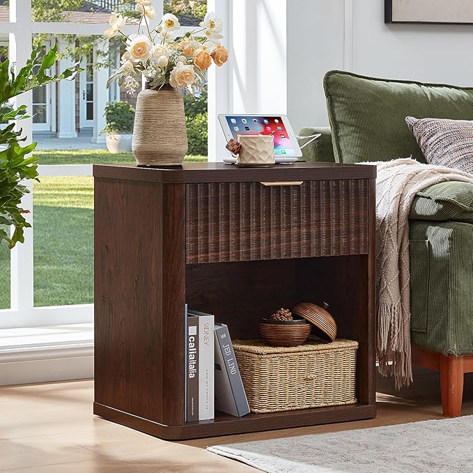 LEYAOYAO 23" Wide Fluted Farmhouse Night Stand Set of 2 with Charging Station, 1 Drawers Large End Table w/Metal Handle, Walnut Nightstand Bedside Table,Wood Dresser for Bedroom, Closet