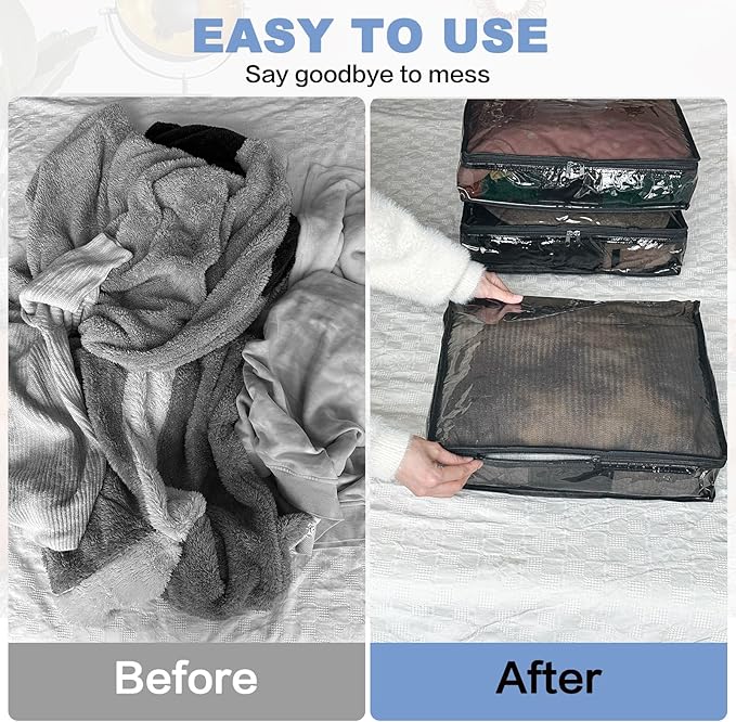 Clear Zippered Storage Bags Plastic Sweater Storage Bags with Zipper 6 Packs Clothing Organizer for Blankets Linen Sweater Bed Sheet Quilt Clothes Pillow (10.5 x 10.5 x 2.5 Inch, Black)