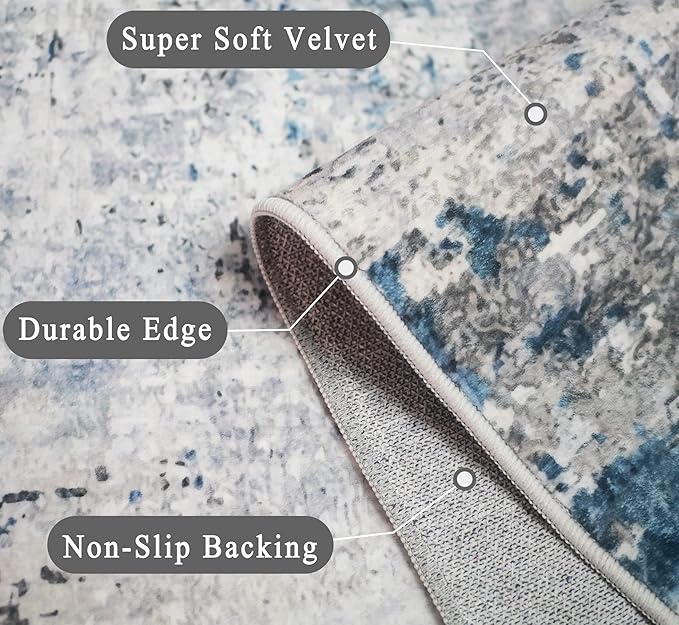 vivorug Runner Rug 2x10 Machine Washable Rug with Non-Slip Backing, Ideal for Kitchen Hallway Entryway Laundry Room - Modern Abstract, Durable, Easy Clean, Low Pile Carpet Runner, Grey/Navy