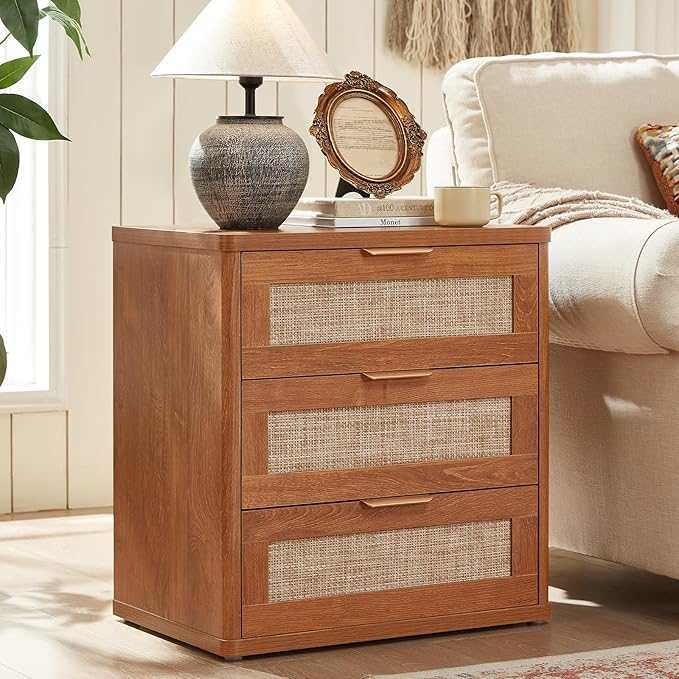 LEYAOYAO Rattan Night Stand Set of 2 with Drawers, 23" Large 3 Drawer Boho Nightstand, Natural Wood Bedside Table Storage Cabinet, Bed Side End Tables Dresser for Bedroom, Living Room, Hallway, Closet