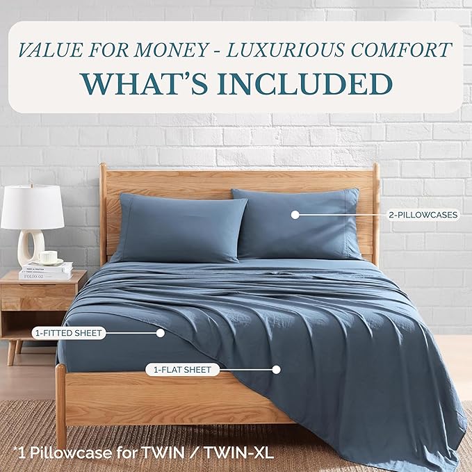 Casa Platino Bedding Sheets & Pillowcases, Pre-Washed Sheet Full Size, Fade Resisitant Cozy Full Size Sheets, 100% Hydro-Brushed Microfiber, Full Sheet fits up to 15 inch Mattress- Estate Blue