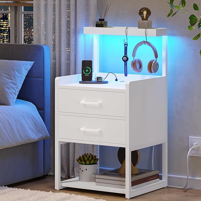 VIAGDO Nightstands Set of 2 with Charging Station, LED Night Stand with 2 Drawers, White Modern Bedside Tables with Open Storage Shelves, End Side Tables for Bedroom, Office