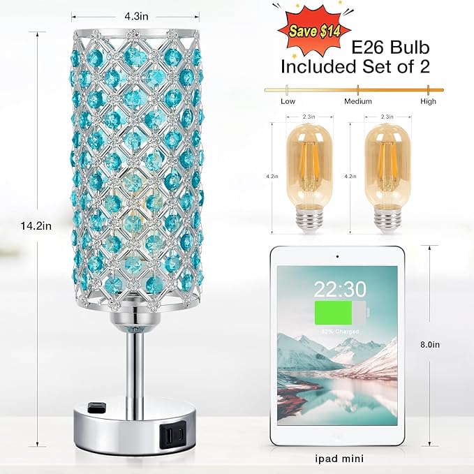 Hong-in Blue Crystal Lamp Touch Control Set of 2, Crystal Table Lamps with USB C+A Ports & AC Outlet, 3-Way Dimmable Nightstand Touch Lamp, Modern Bedside Table Lamp for Bedroom(Bulbs Included)
