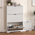 Shoe Cabinet Storage for Entryway with 4 Flip Drawers, White Fluted Shoe Cabinet with Bench, Wooden Hidden Shoe Rack Freestanding Narrow Slim Shoes Storage Organizer for Hallway, Entrance