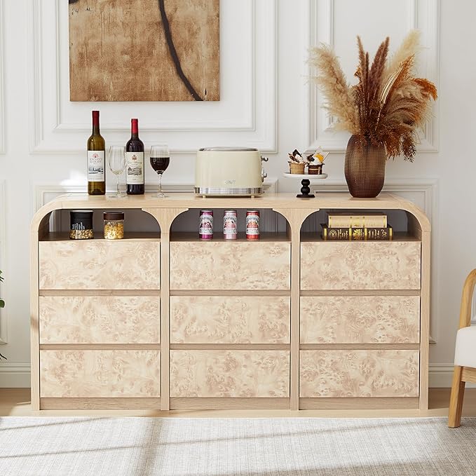9 Drawer Dresser for Bedroom, Modern Chest of Drawers with Open Shelf, Burl Wood Long Storage Dressers for Closet, Living Room, Hallway (Natural)