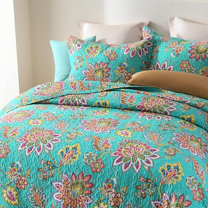 Cotton Bedspread Quilt Sets Reversible Bedding Coverlet Sets Comforter Paisley Floral Bedspread (Green Vintage Floral, Queen Size)