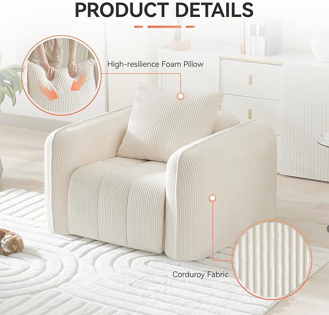 Oversized Boneless Corduroy Accent Chair, Comfy Deep Seat Armchair for Bedroom, Modern Upholstered Living Room Sofa Chair with Pillow, No Assembly, White