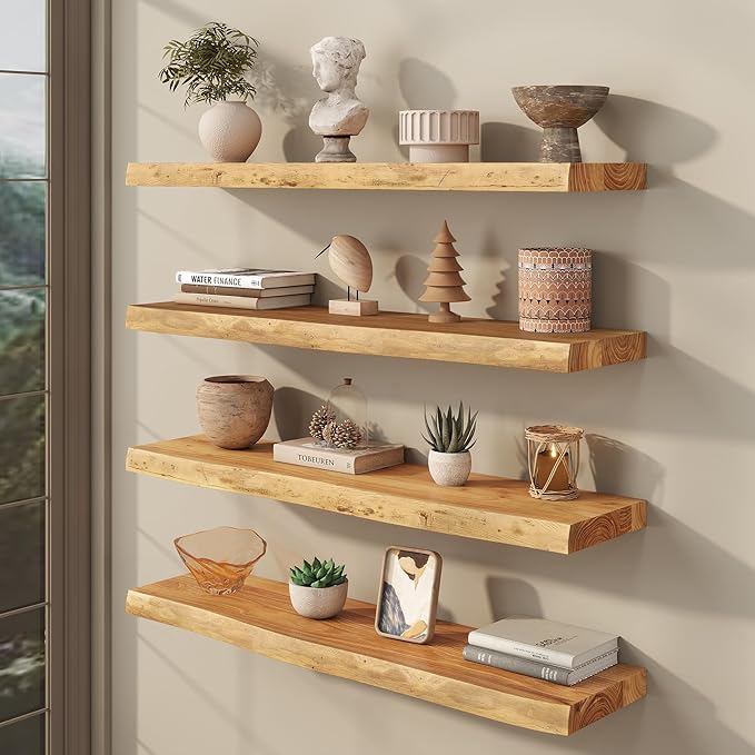 fuqing Live Edge Floating Shelves for Wall 36 inch, 8 Inch Deep Solid Elm Wood Floating Wall Shelves - Rustic Wooden Shelves with Invisible Brackets for Living Room Bedroom Kitchen, 2 Pack, Natural