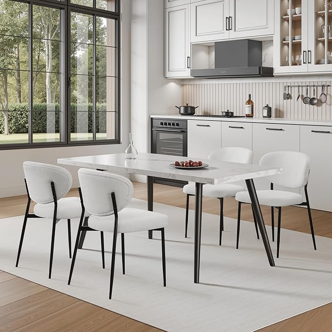 Upholstered Dining Chairs Set of 4 Modern Chenille Kitchen & Dining Room Chairs Wide Seat Filled with 58D Memory Foam Cushion Ergonomic Curved Backrest Vanity Chairs for Restaurant White