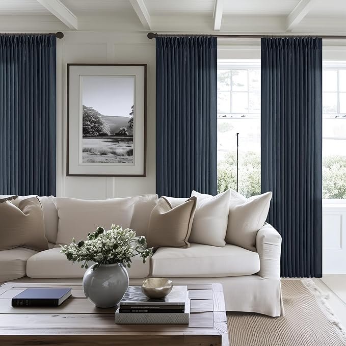 Pinch Pleated Navy Linen Curtains 84 Inches Long 2 Panels Set for Living Room Dining Pinch Pleat Back Tab Light Filtering Farmhouse Boho Retro Window Curtain Drapes 84 Inch Length Dark Blue Indigo