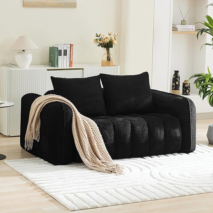 66'' Boneless Loveseat Sofa, 2 Seater Tufted Deep Seat Couch with Rounded Armrest, Upholstered Corduroy Cloud Couch for Living Room, Bedroom, No Assembly, Black