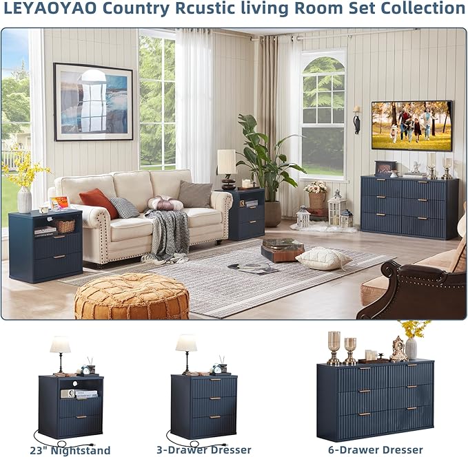 LEYAOYAO Fluted Nightstand with Charging Station, 23" Modern Night Stand with Woodgrain Top, 2 Drawers End Table w/Storage, Bedside Tables for Bedroom, Living Room, Curved Profile Design, Blue