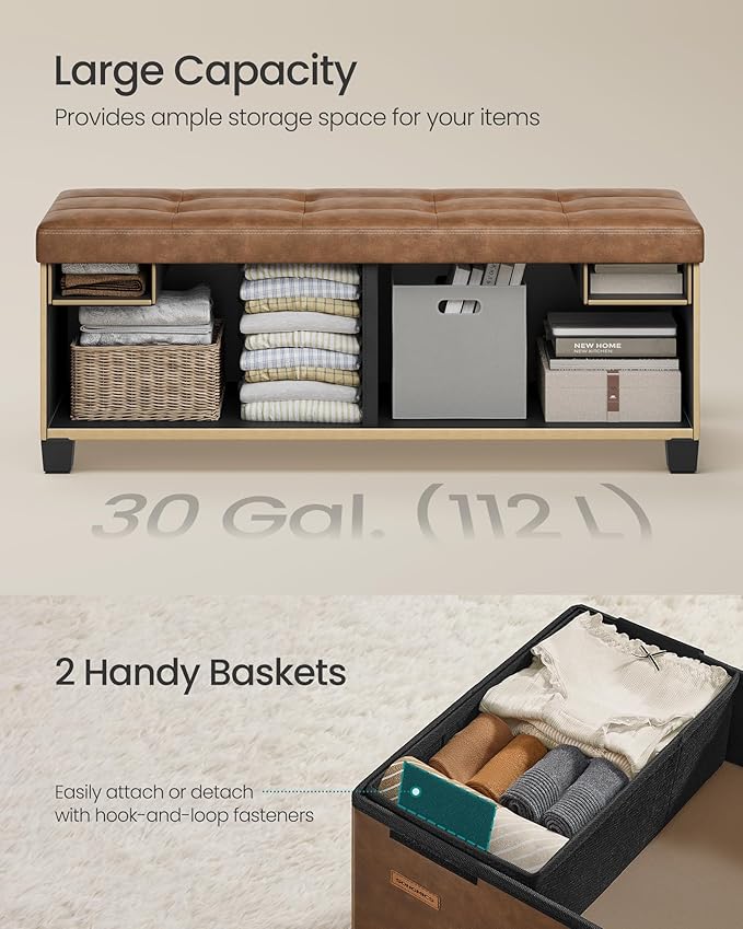 SONGMICS Storage Ottoman, Storage Bench with Legs, 15 x 43.3 x 15.7 Inches, Ottoman Bench, 30 Gal. (112 L), Synthetic Leather, for Living Room, Entryway, Coffee Brown ULSF0514K03