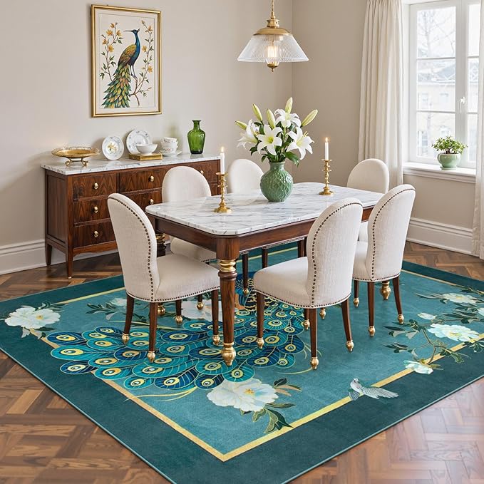 Lahome Peacock Washable Rugs 5x7, Soft Blue Rug for Living Room Bedroom, Floral Vintage Non-Slip Low Pile Stain Resistance Carpet for Farmhouse Dining Room Office, Blue