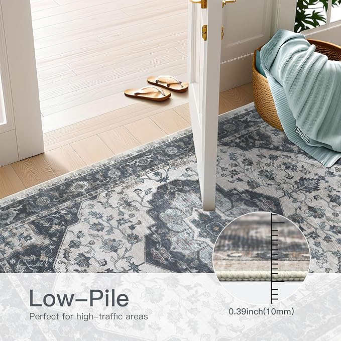 3x5 Vintage Washable Area Rug for Living Room,Low Pile Non Slip Carpet Non-Shedding Small Area Rug Soft Indoor Stain Resistant Rug Floral Print Mat for Bedroom Dining Room Blue Beige