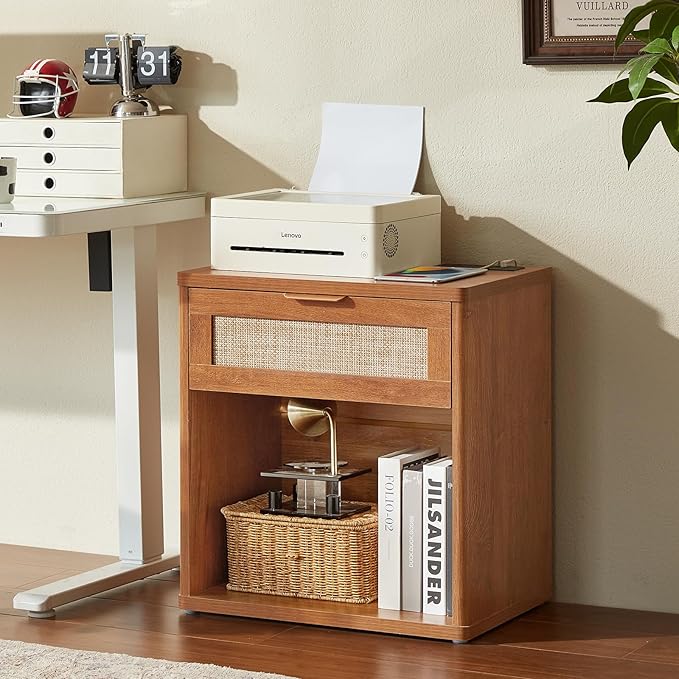 LEYAOYAO Rattan Nightstand with Charging Station, Tea Brown Night Stand with Drawer, 23" Wide Boho Bedside Table with Storage Shelf, Bed Side End Tables for Bedroom, Living Room, Hallway