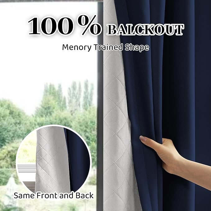 100% Blackout Thermal Insulated Curtains, 3 Layers Noise Absorbing, Soundproof Back Tab Drapes for Sliding Glass Door Baby Nursery Bedroom with Hooks, Navy Blue 50x84 Inch Set of 1