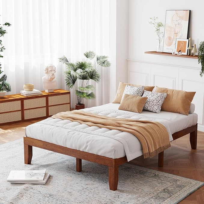 Giantex 14 Inch Full Platform Bed Frame, Minimalist Style Mattress Foundation with Solid Rubber Wood, Heavy Duty Wood Slat Support, Without Headboard, Easy Assembly, No Box Spring Needed,Walnut