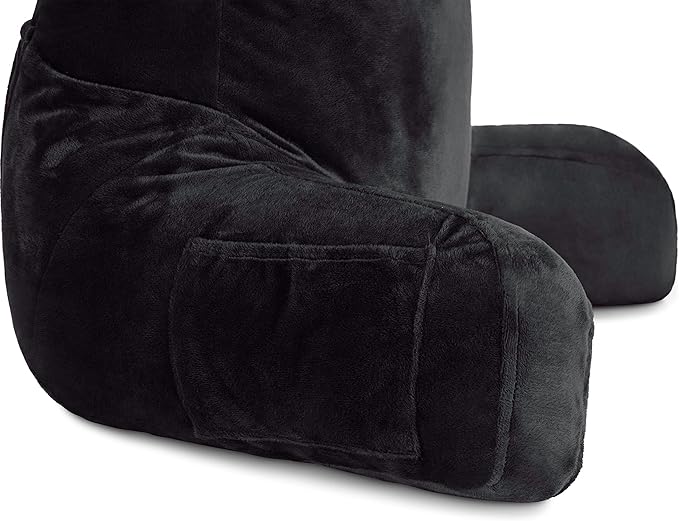 Husband Pillow Black, Original Reading Pillow in Bed Rest Chair, Shredded Memory Foam Large Lounge Cushion Adult Backrest with Arms, Comfy Back Support for Sit Sitting Up, Washable/Removable Cover