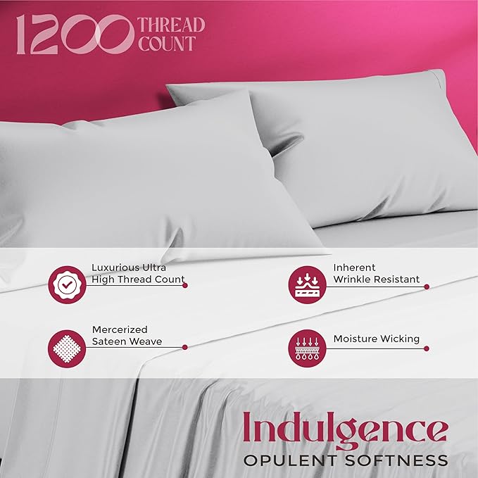 Mayfair Linen 100% Egyptian Cotton Sheets King Size - Luxury 1200 High Thread Count Egyptian Cotton King Size Sheets Set (4 PC, Light Grey), Soft, Cooling, 17" Deep Pocket Sateen Weave Hotel Bedding