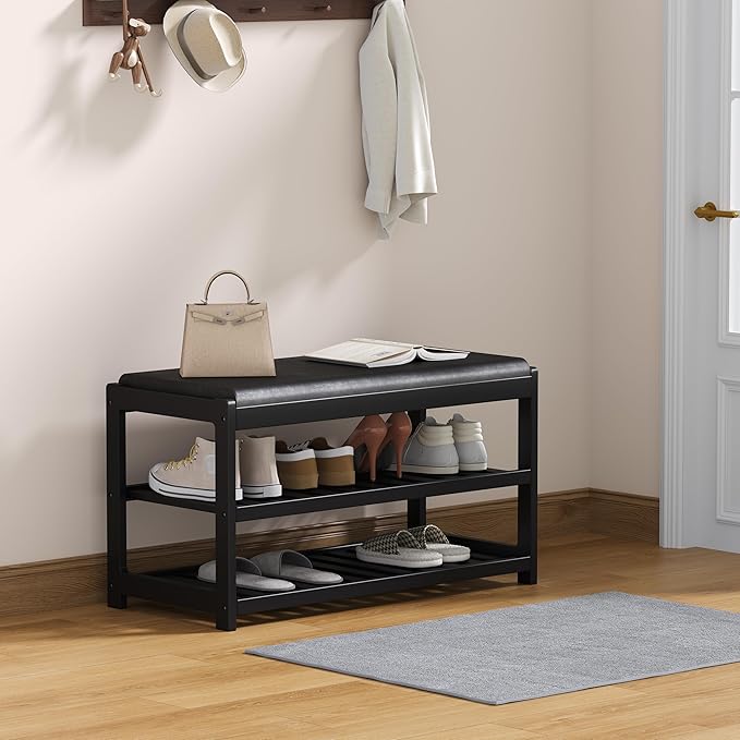 Shoe Bench Entryway, 100% Solid Solid Wood Shoe Rack Bench with Storage and Cushion Padded Seat, 3-Tier Shoe Organizer for Hallway Living Room, Mudrooms, Black