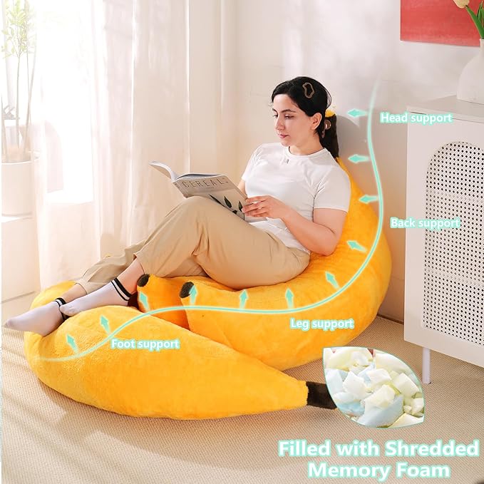 Banana Bean Bag Chair with Ottoman, Floor Sofa Bed with Footrest, Comfy Convertible Lounger for Teens & Adults, Plush Couch for Bedroom, Living Room or Dorm, M-Yellow