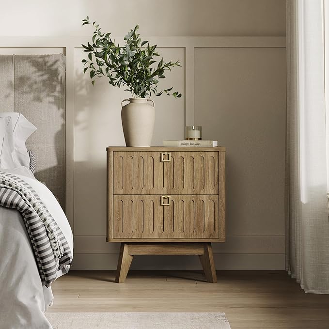 SICOTAS Modern Fluted Nightstand with 2 Drawers, 21" Wide Wood Bedside Table with Gold Handle, Mid-Century End Table for Bedroom, Apartment