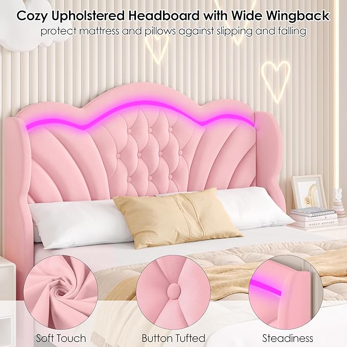 Keyluv Queen Bed Frame with LED Lights and 2 Storage Drawers, Velvet Upholstered Platform with 47" Tall Arc-Shaped Wingback Headboard and Button Tufted Design, No Box Spring Needed, Noise-Free, Pink
