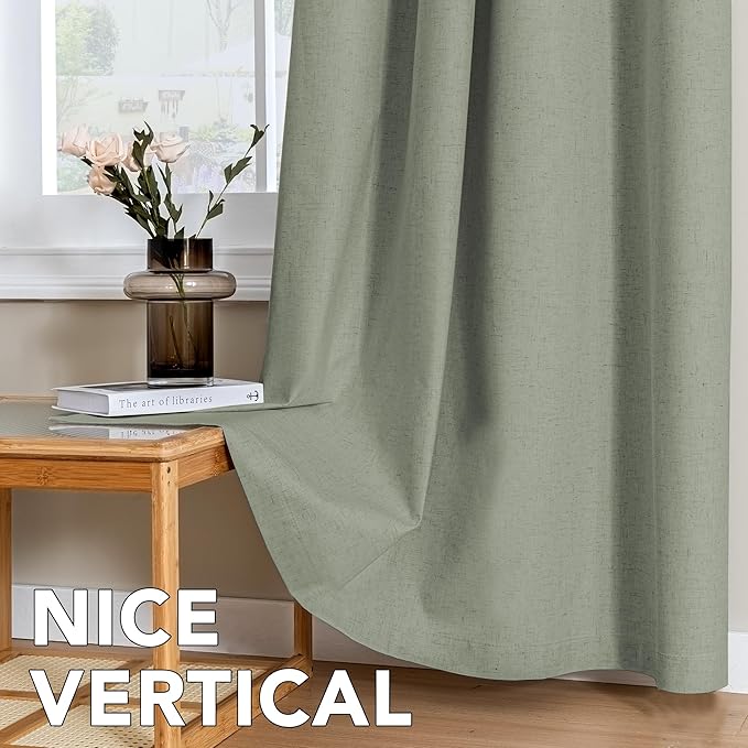 H.VERSAILTEX Linen Curtains 100% Blackout Curtains for Bedroom 84 inch Long Full Light Blocking Nature Linen Blended Window Curtains for Living Room Nickel Grommet (2 Panels, Heathered Dried Sage)