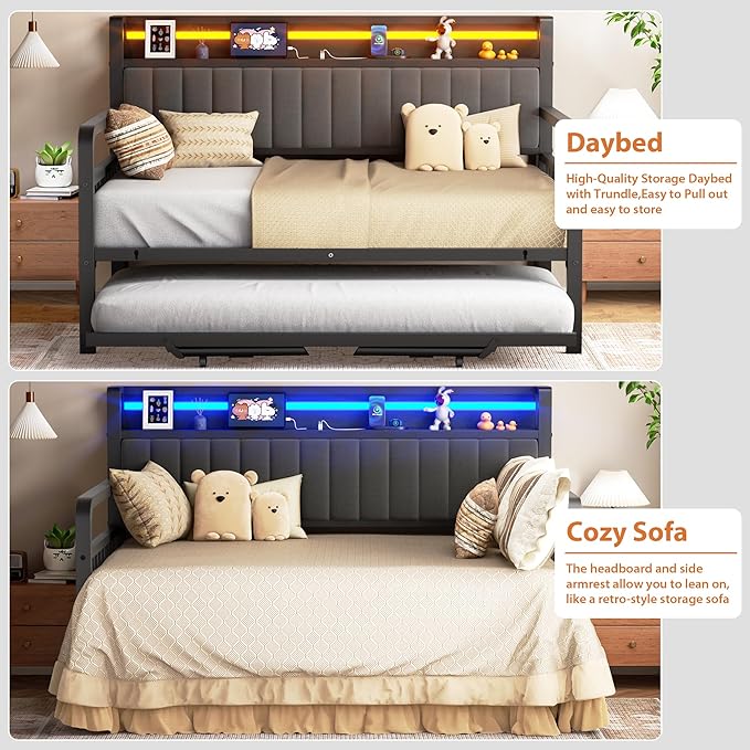 Daybed with Trundle and LED Light, Heavy Duty Metal Full Bed Frame with Upholstered Storage Headboard & Charging Station, Day Bed Pop Up Trundle Bed for Living Room,Bedroom and Guest Room, Black