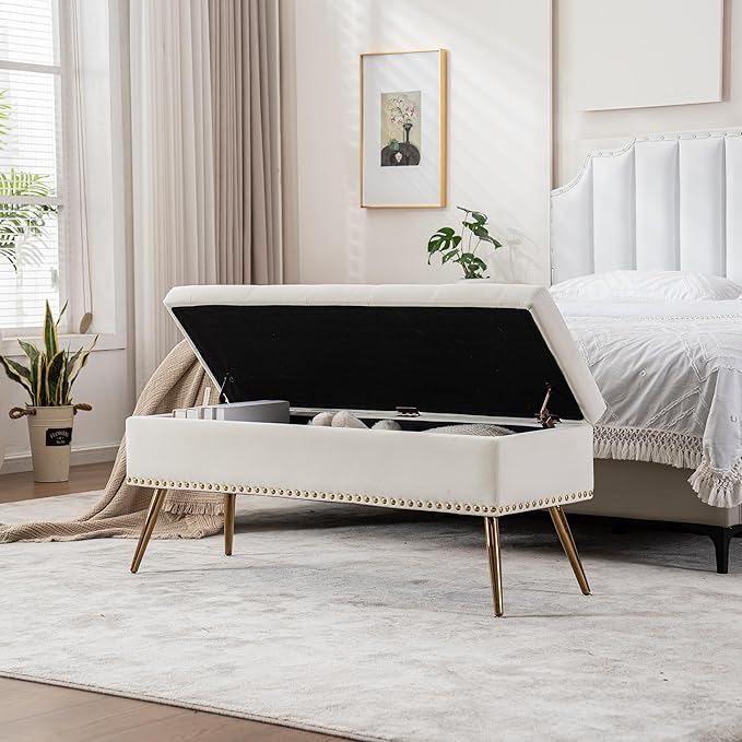 Velvet Storage Bench with Gold Legs& Nailhead Trim, 46" Wide Upholstered Modern Bedroom Bench for End of Bed, Tufted Ottoman for Entryway Living Room Dining Room (Ivory White, 46" Wide)