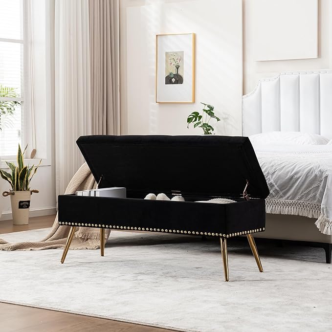 Velvet Storage Bench with Gold Legs& Nailhead Trim, 46" Wide Upholstered Modern Bedroom Bench for End of Bed, Tufted Ottoman for Entryway Living Room Dining Room (Black, 46" Wide)