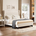 Upholstered Full Size Bed Frame with Tall Headboard, Velvet Wingback Platform Bed Frame with Deep Button Tufted, No Box Spring Needed, Noise Free, Beige