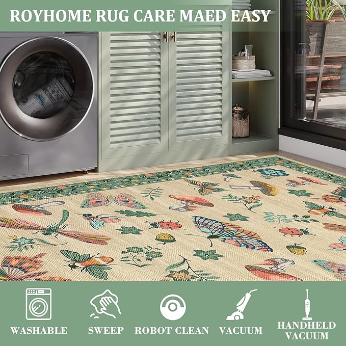 Mushroom Insect Washable Rug 5x7 Area Rugs for Bedroom Non Slip with Rubber Back Low Pile Stain Resistant Butterfly Carpet for Living Room Nursery Kitchen Dining Room Khaki Green