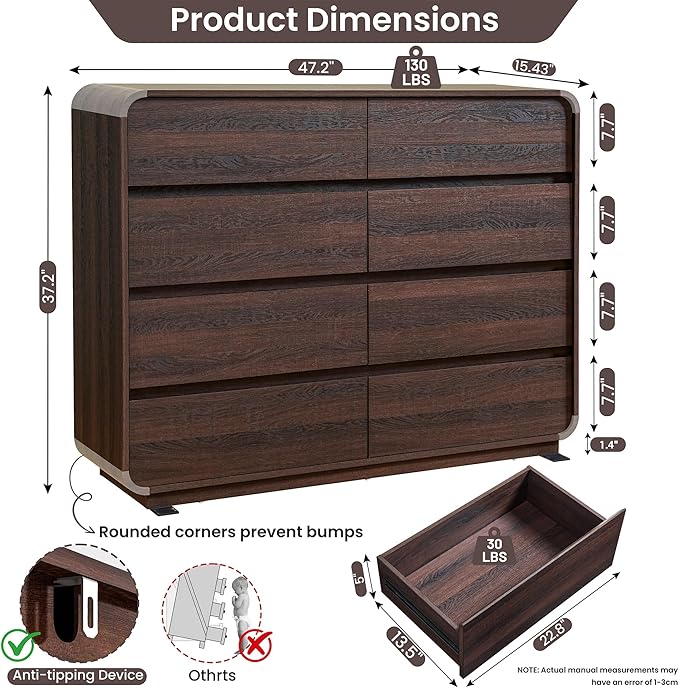 Modern 8 Drawer Dresser, 47- Inch Wood Chest of Drawers with Large Storage, Walnut Dresser Closet for Bedroom, Living Room, Nursery.